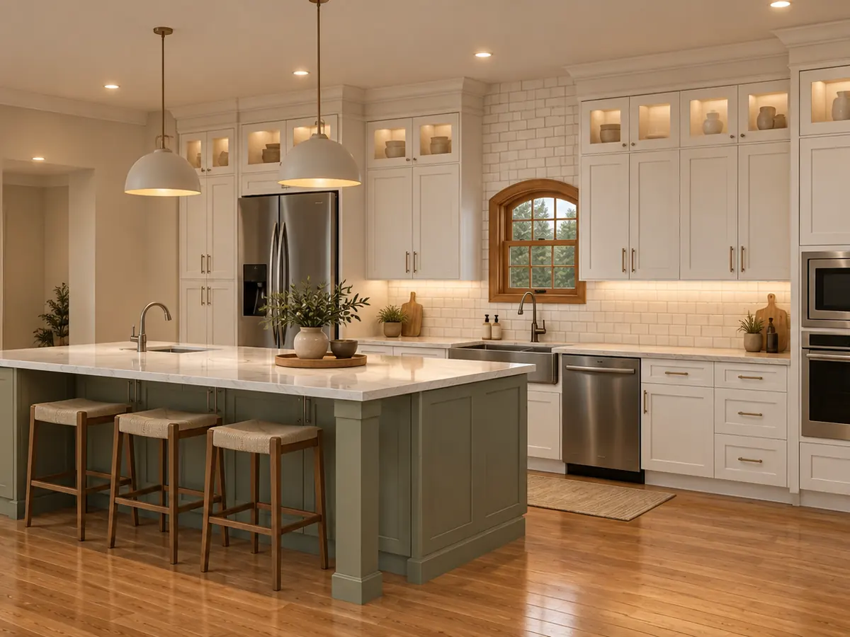3D design of a large kitchen island with seating