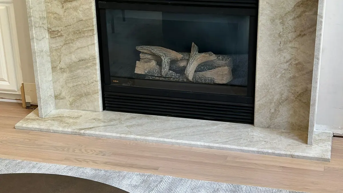 Quartzite fireplace surround and hearth