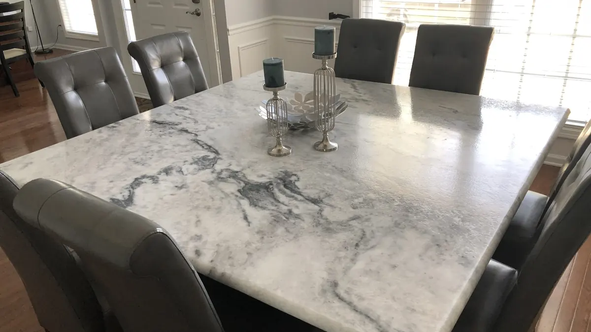 White natural stone countertop with bold gray veins