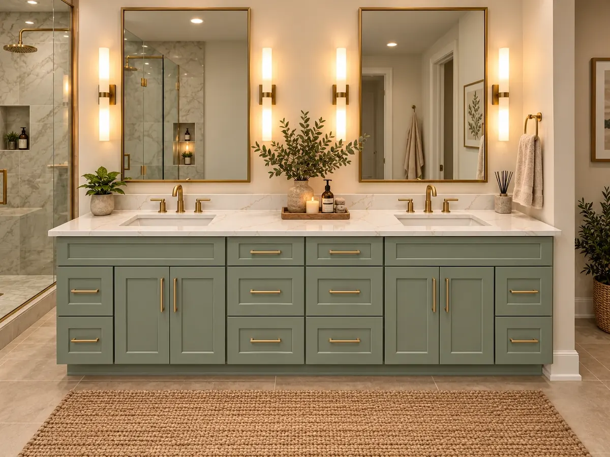 Sage green double vanity with brass hardware and a white veined stone top