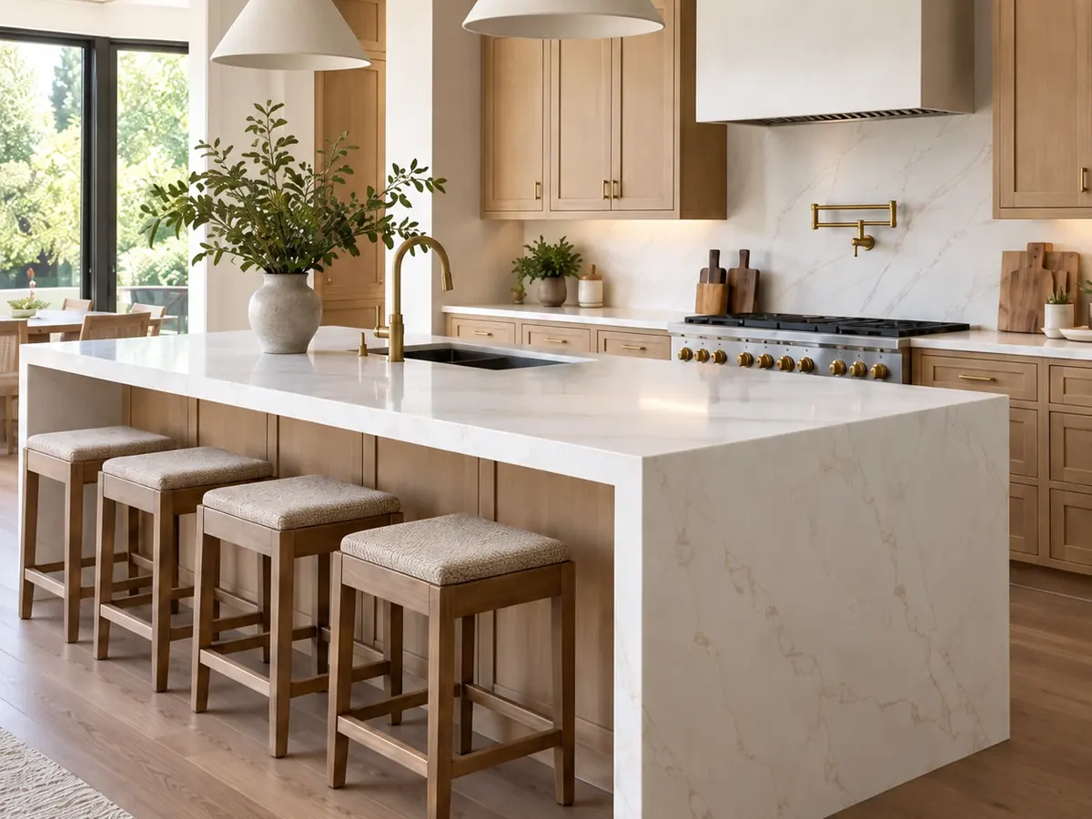 White oak shaker cabinets with a white quartz waterfall island and a stone backsplash