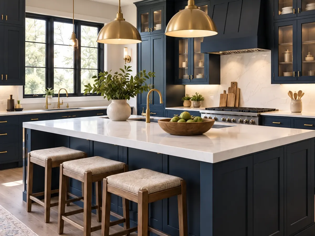 Navy shaker kitchen cabinets with a white stone island and brass pendant lights