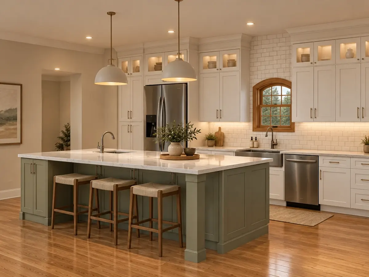 Kitchen with white shaker cabinets, glass-front uppers and a sage green island