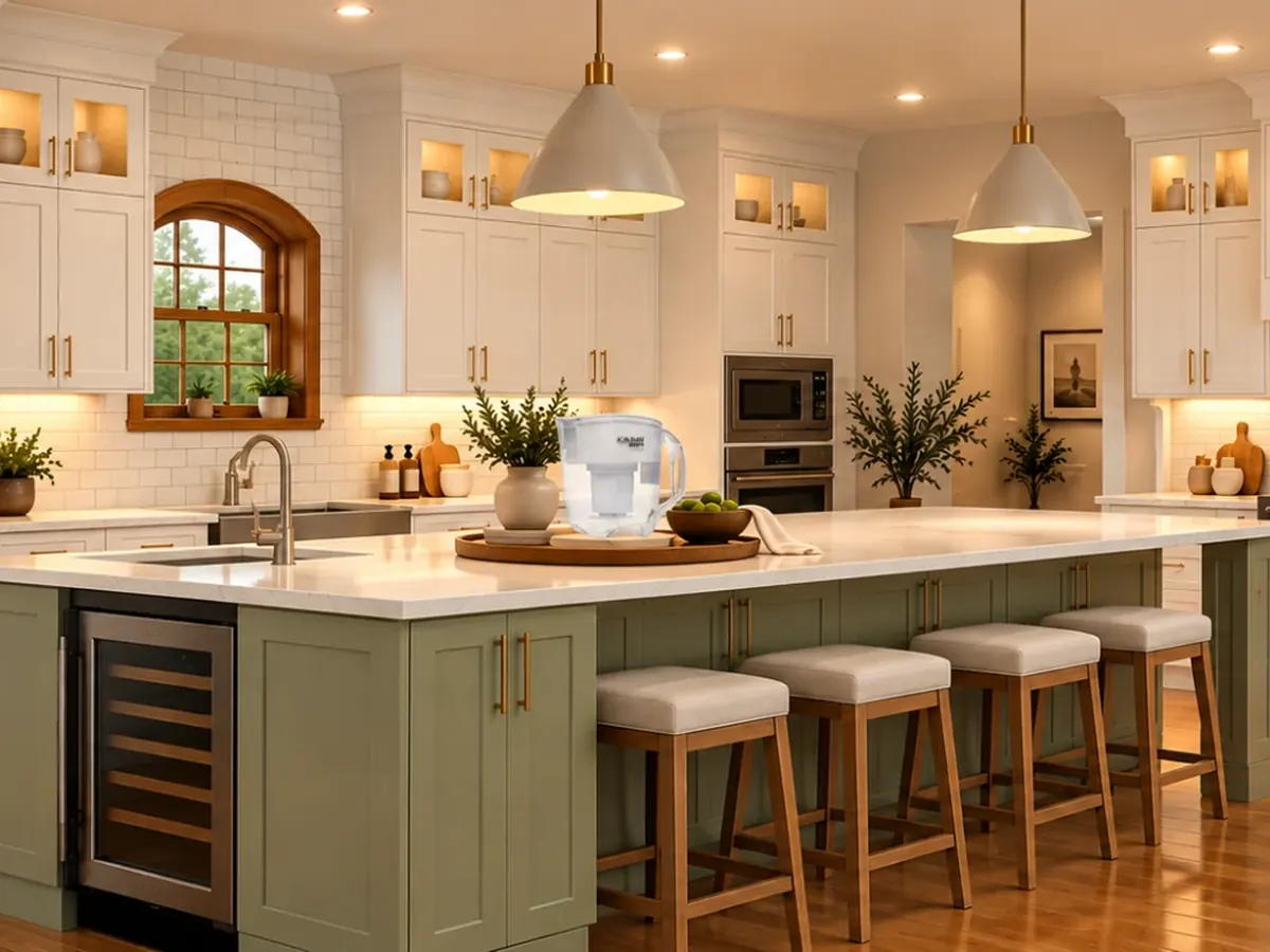 Open kitchen with a long white stone island over sage green cabinets