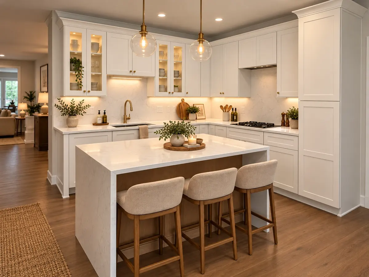 White kitchen with a white quartz waterfall island, shaker cabinets and glass pendant lights
