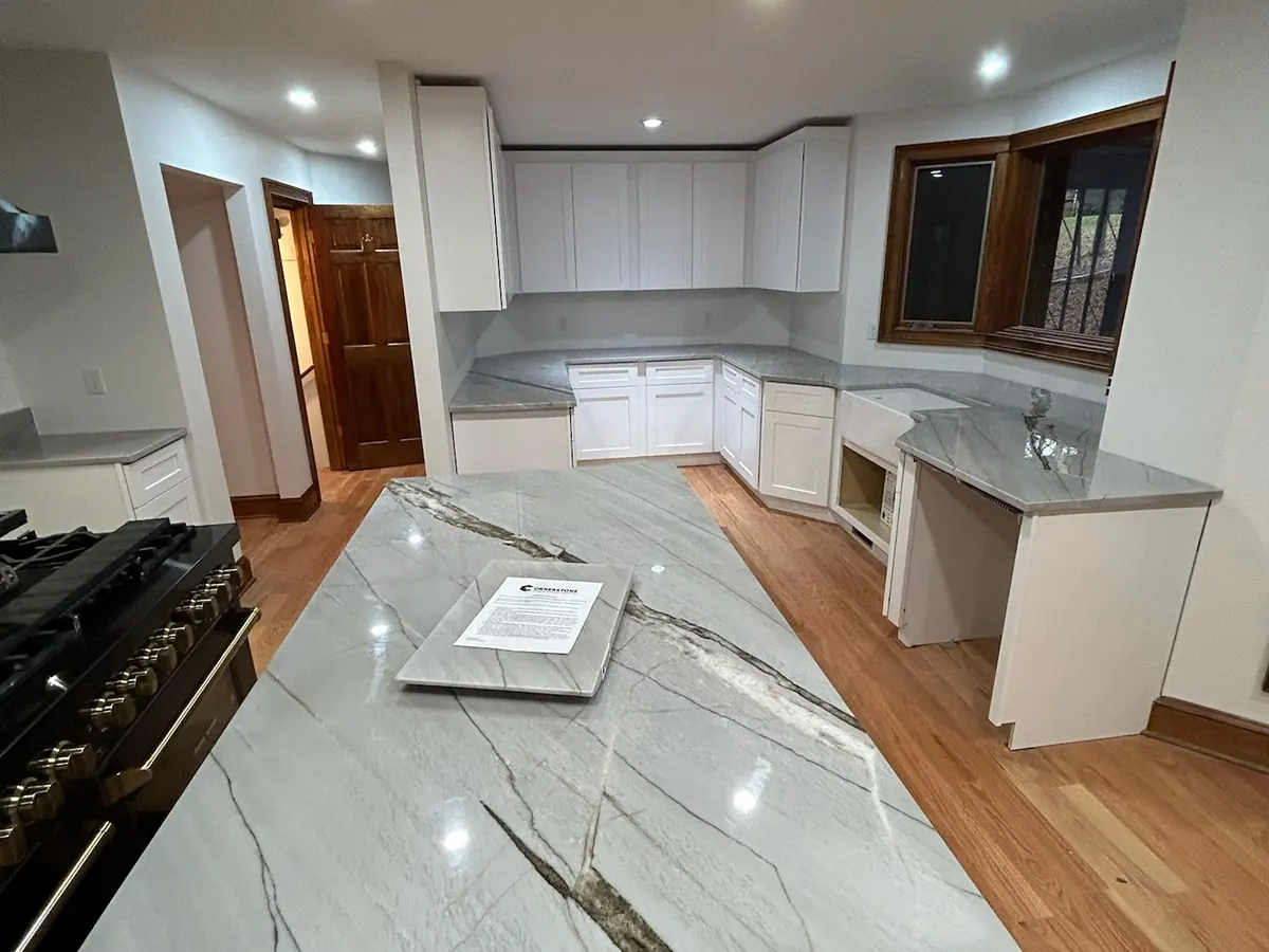 Quartzite countertop with gray veins on a large island