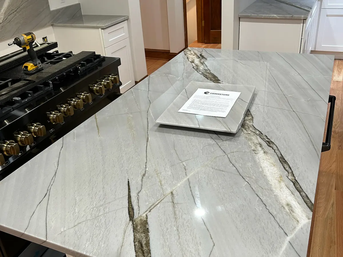 Quartzite countertop with dramatic dark veining