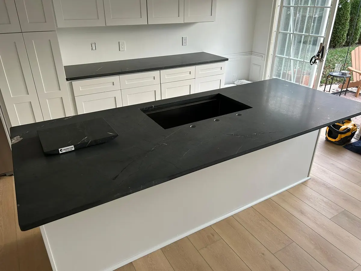 Charcoal matte stone countertop on a kitchen island