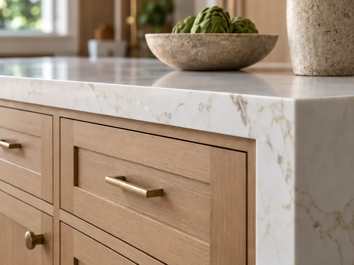 Close-up of a white quartz waterfall edge with gold veins on oak cabinets