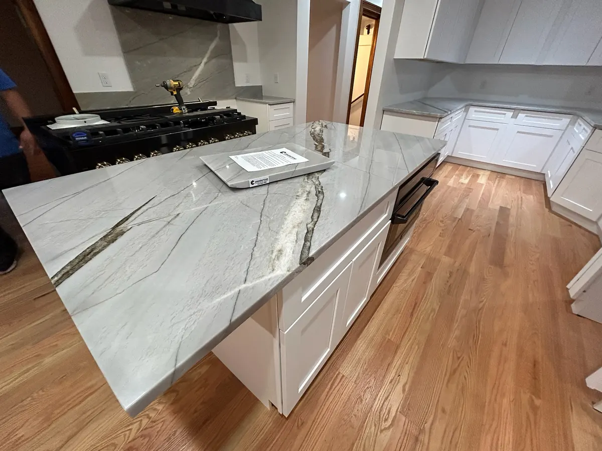 White quartzite countertop with natural gray veins