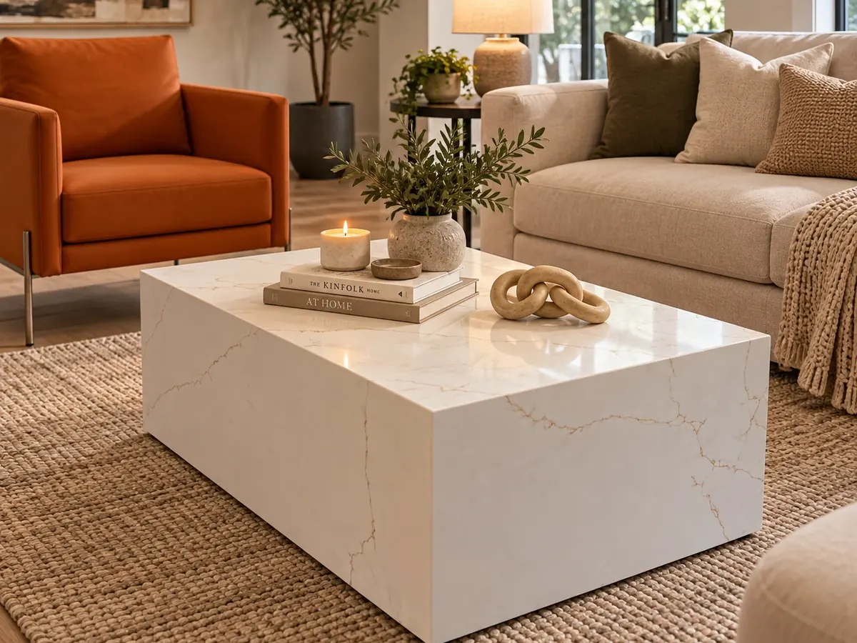 White quartz block coffee table with soft gold veins in a living room