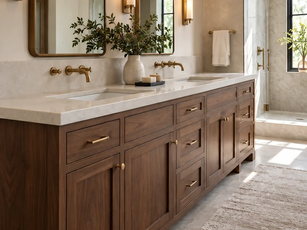 Walnut double vanity with a cream stone top and two undermount sinks