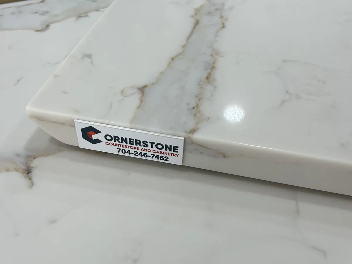 Stone sample with a Cornerstone label on a new countertop
