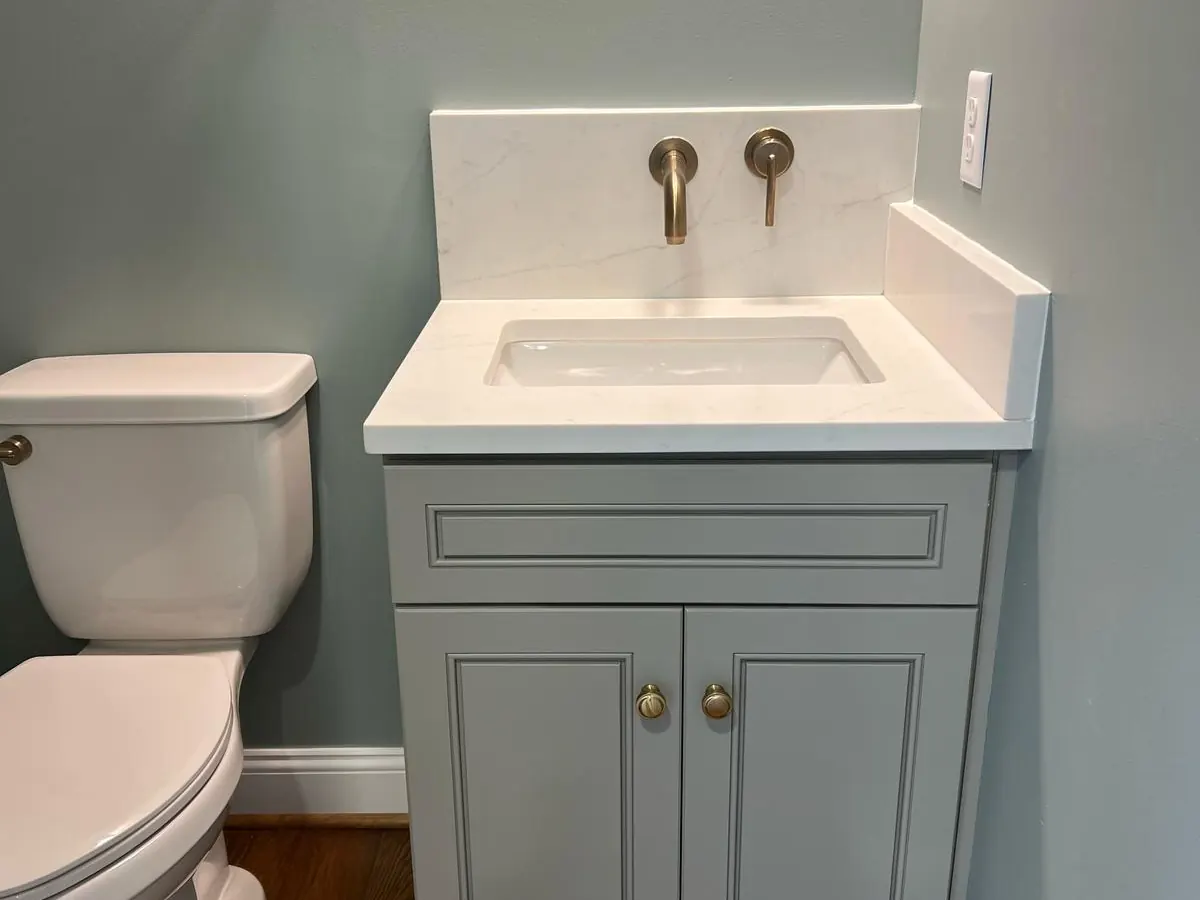 Stone top and backsplash on a bathroom vanity