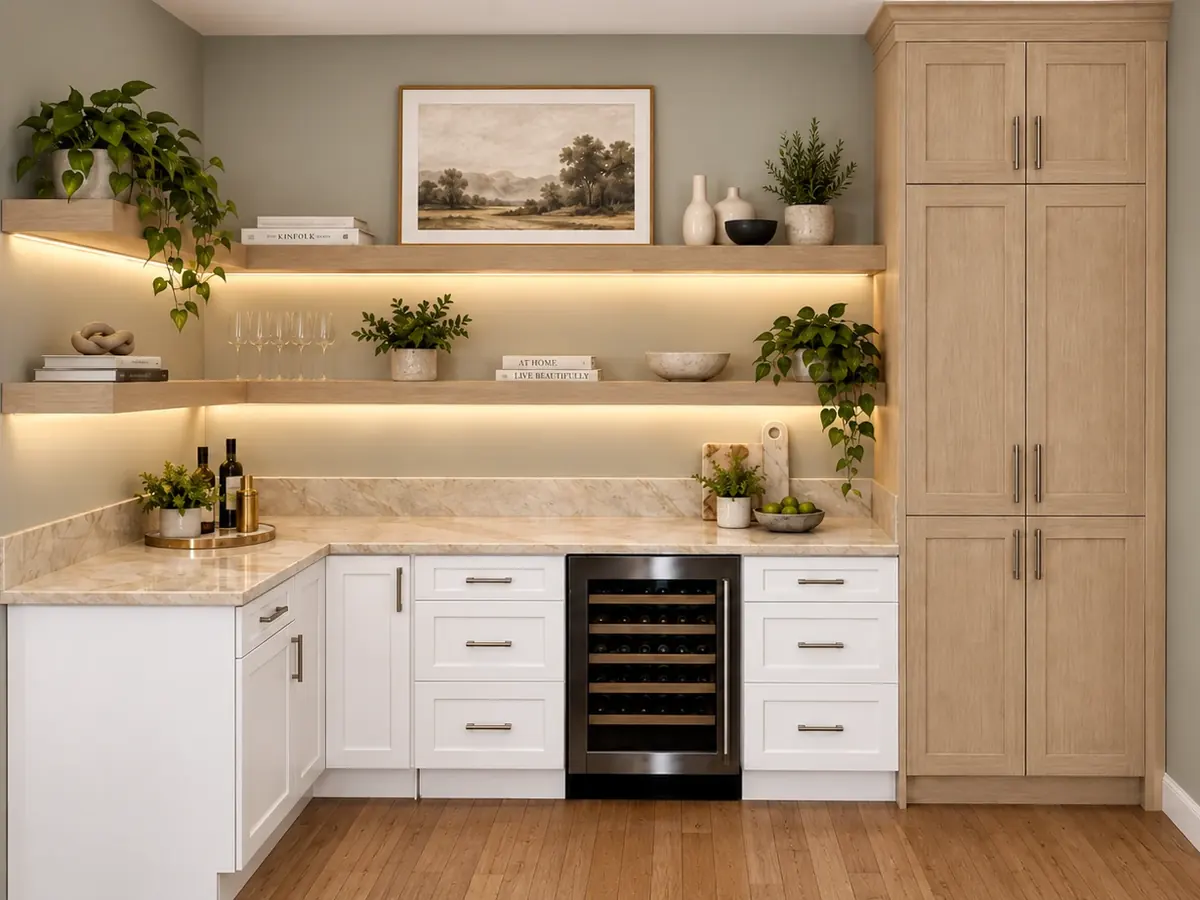 Home bar with a warm beige quartzite countertop and backsplash under floating shelves